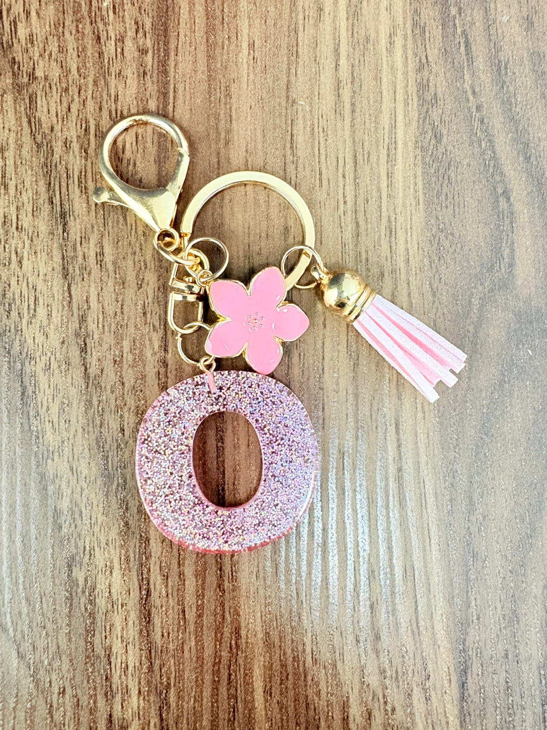 Pink Glitter "O" Letter Keychain with Flower and Tassel