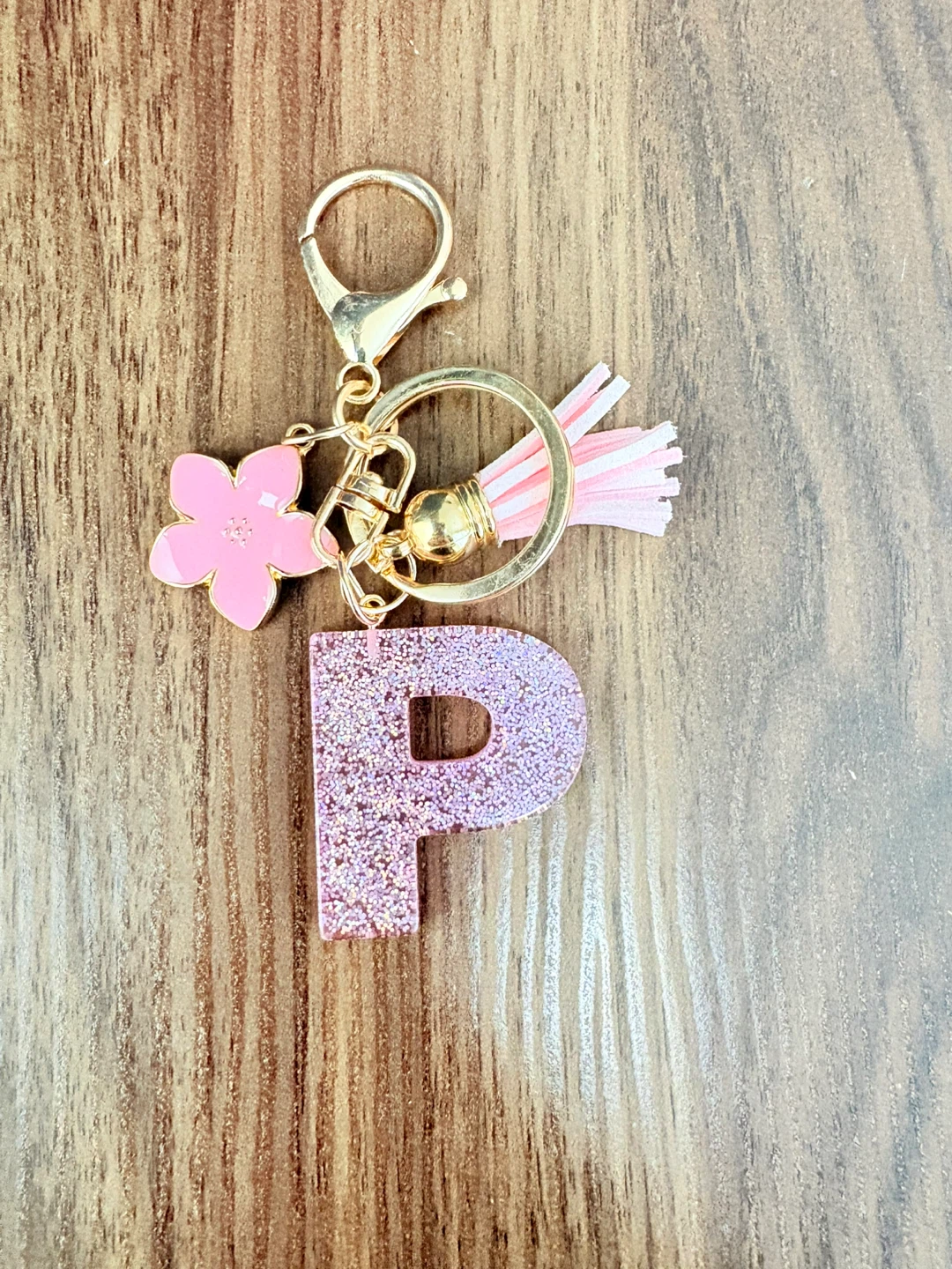 Pink Glitter "P" Letter Keychain with Flower Charm
