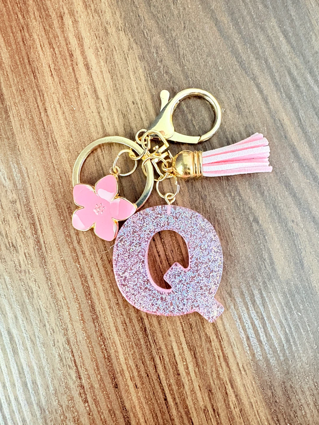 Glitter "Q" Keychain with Pink Tassel and Flower Charm