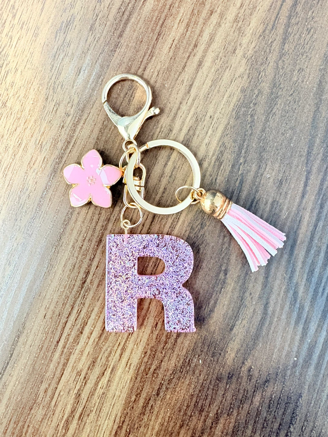 Glitter Letter R Keychain with Flower Charm