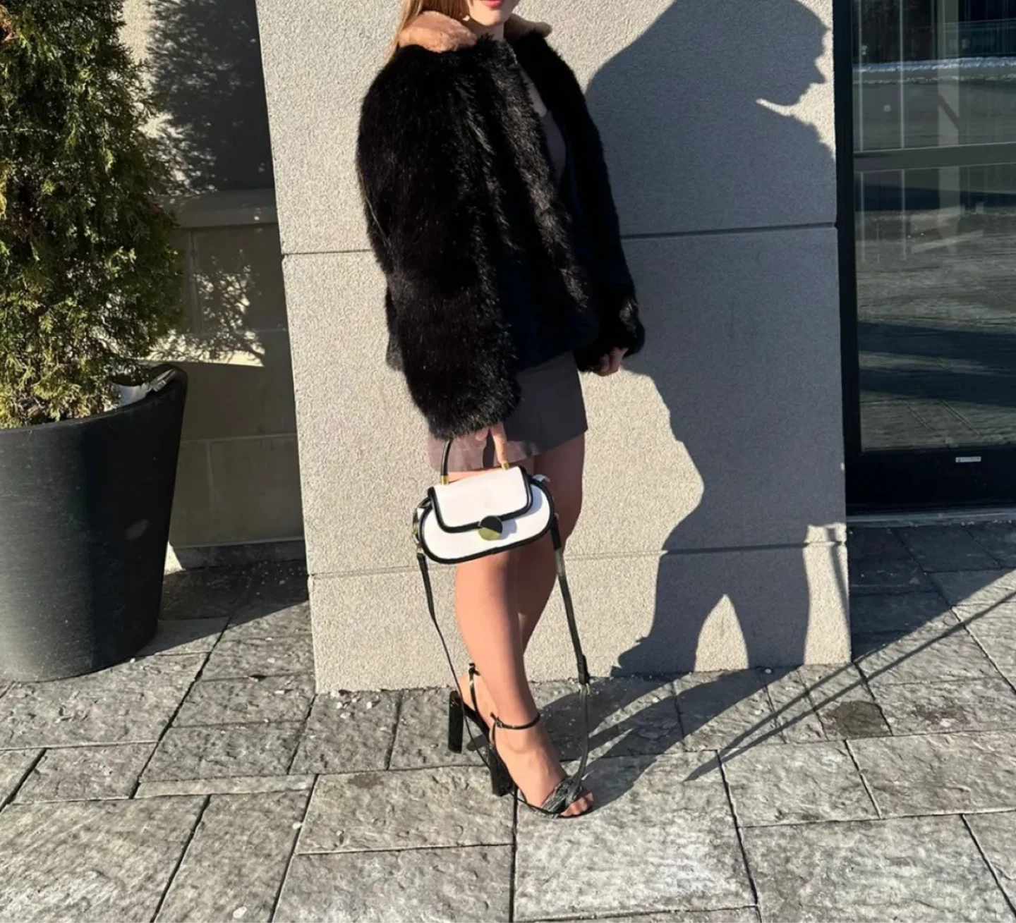 Black Faux Fur Coat with Tan Collar