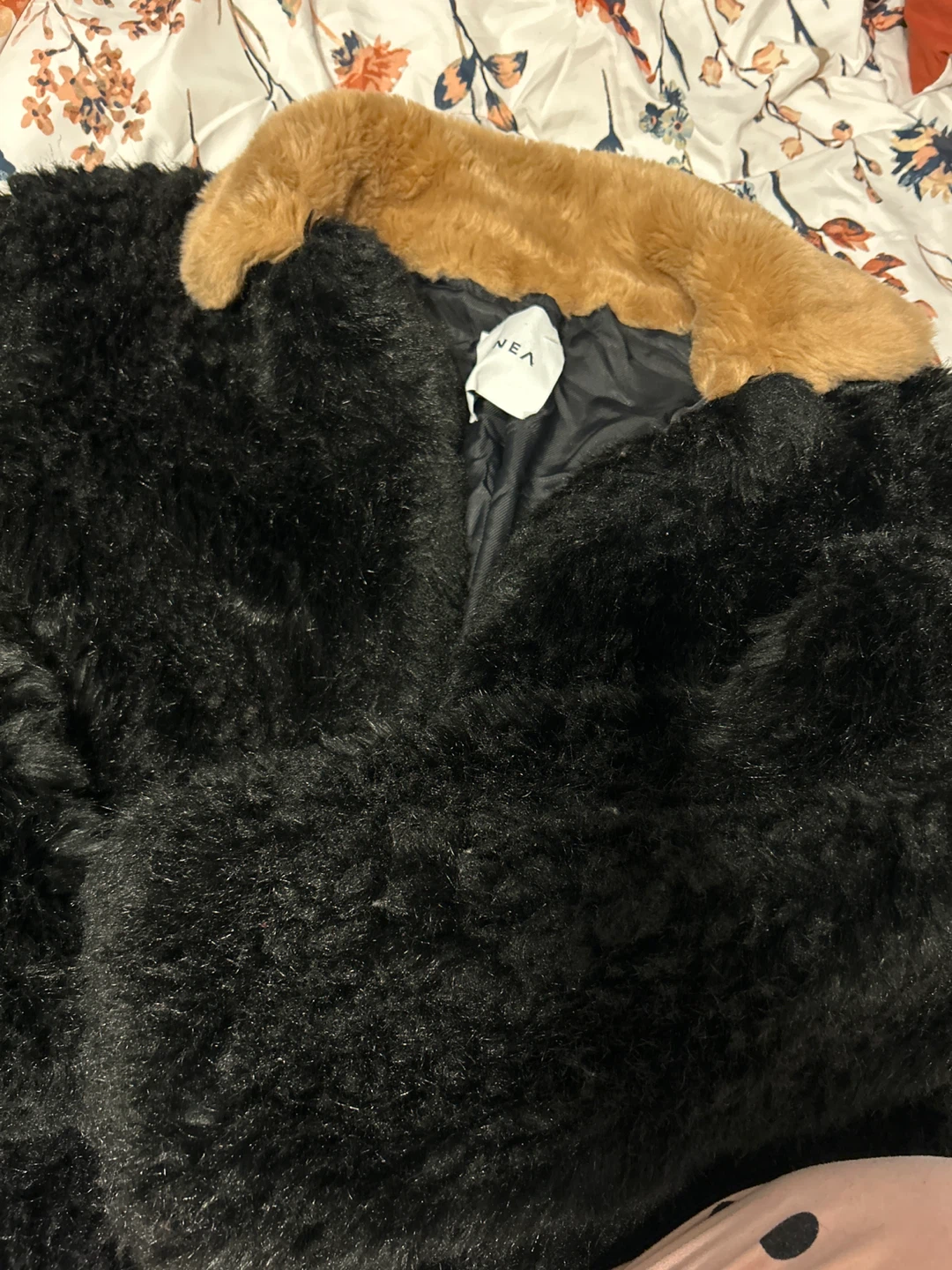 Black Faux Fur Coat with Tan Collar - photo 2