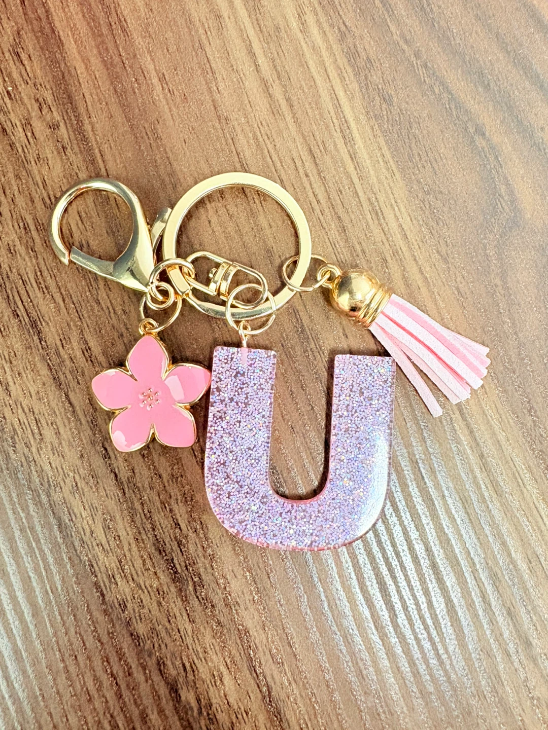 Glitter Letter "U" Keychain with Flower Charm