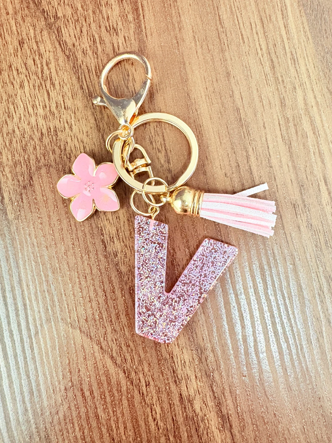 Glitter Letter V Keychain with Flower and Tassel