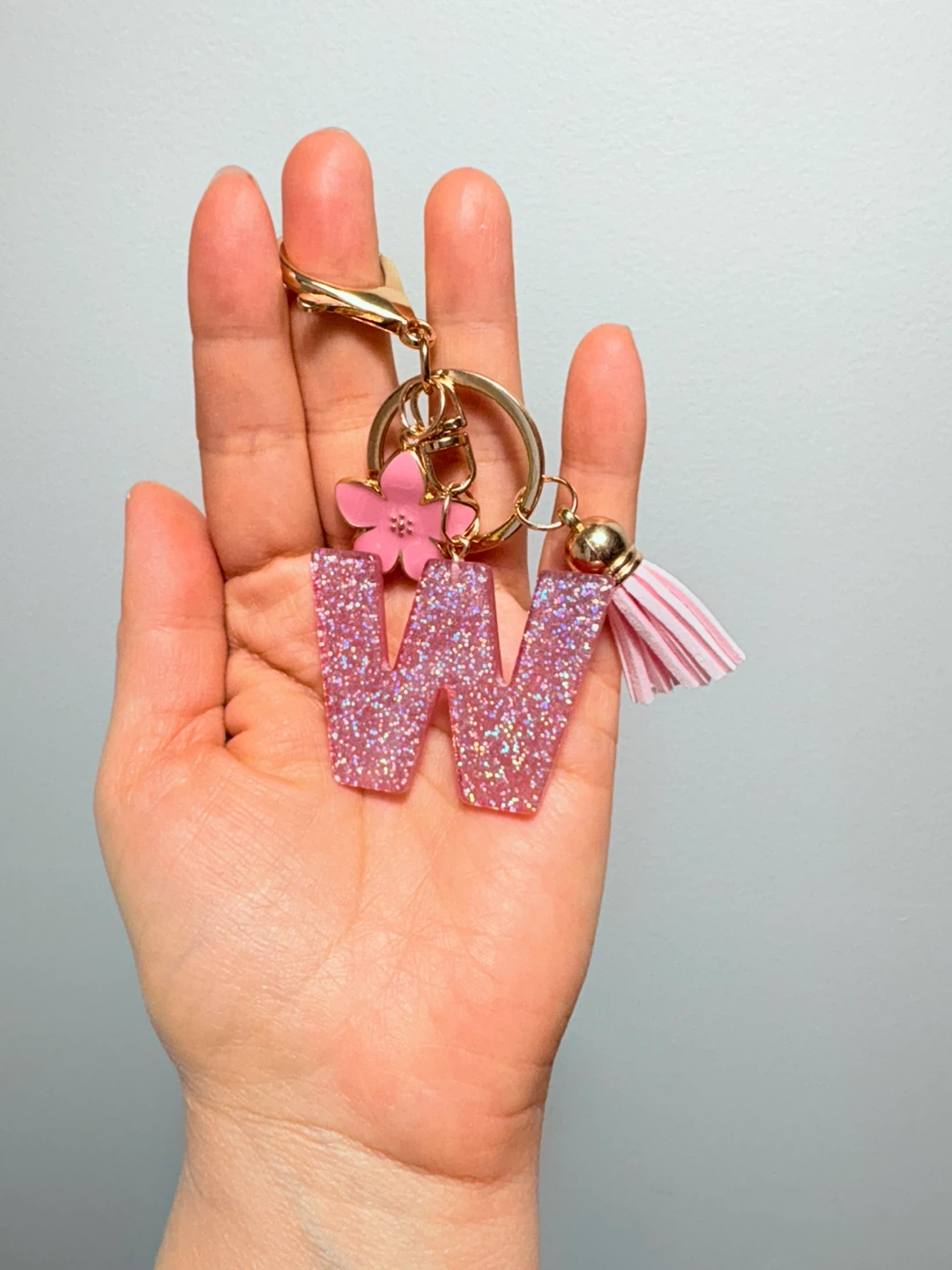 Pink Glitter "W" Letter Keychain with Flower and Tassel - photo 3