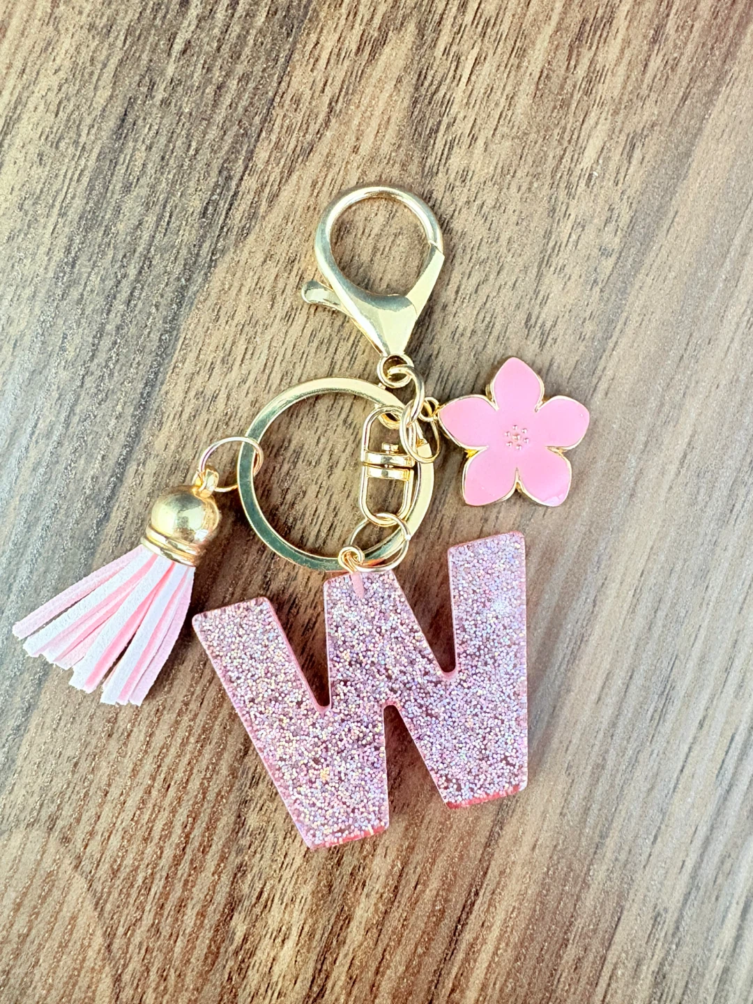 Pink Glitter "W" Letter Keychain with Flower and Tassel