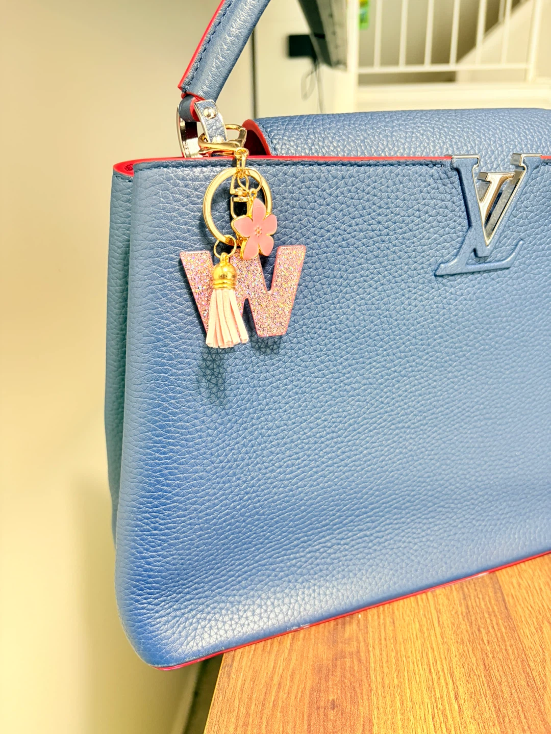 Pink Glitter "W" Letter Keychain with Flower and Tassel - photo 2