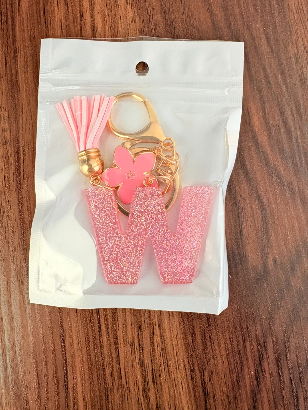Pink Glitter "W" Letter Keychain with Flower and Tassel - photo 4