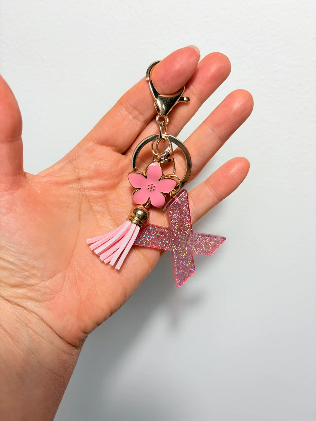 Pink Glitter Letter X Keychain with Tassel and Flower Charm - photo 3