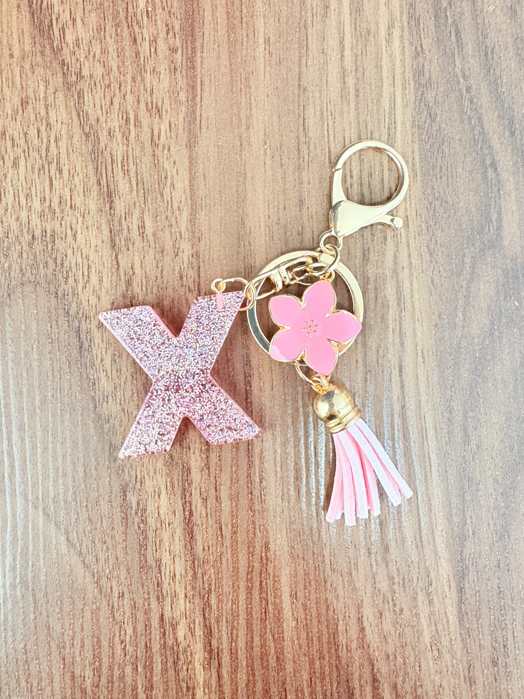 Pink Glitter Letter X Keychain with Tassel and Flower Charm