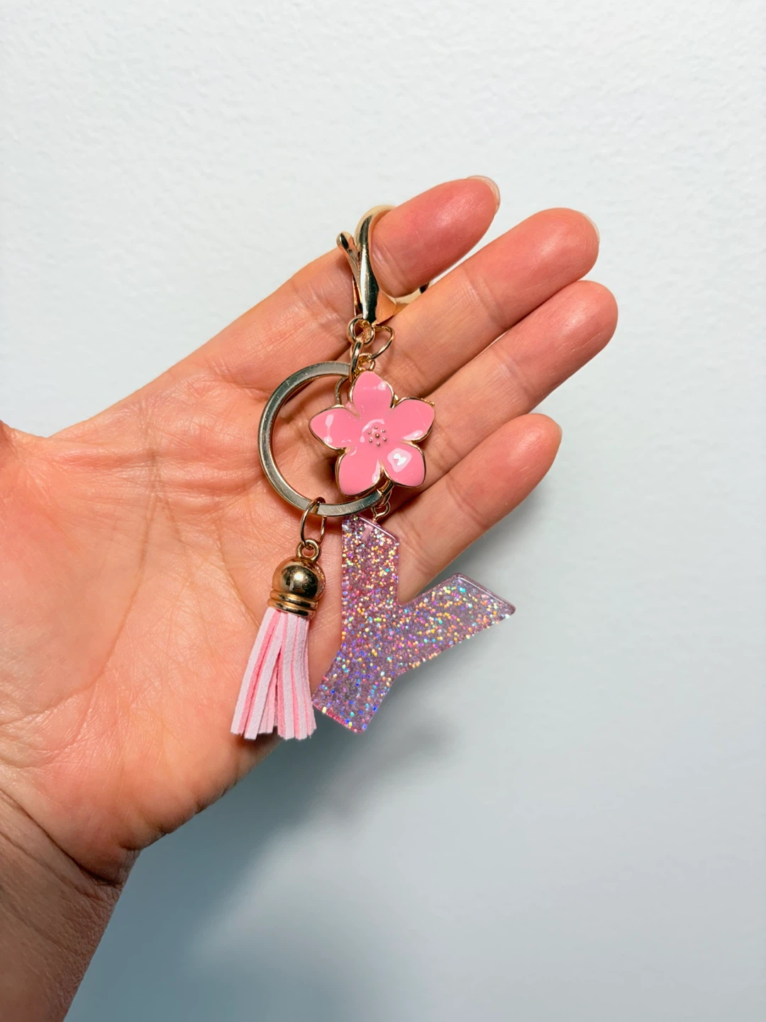 Pink Glitter Letter Y Keychain with Tassel and Flower Charm - photo 3