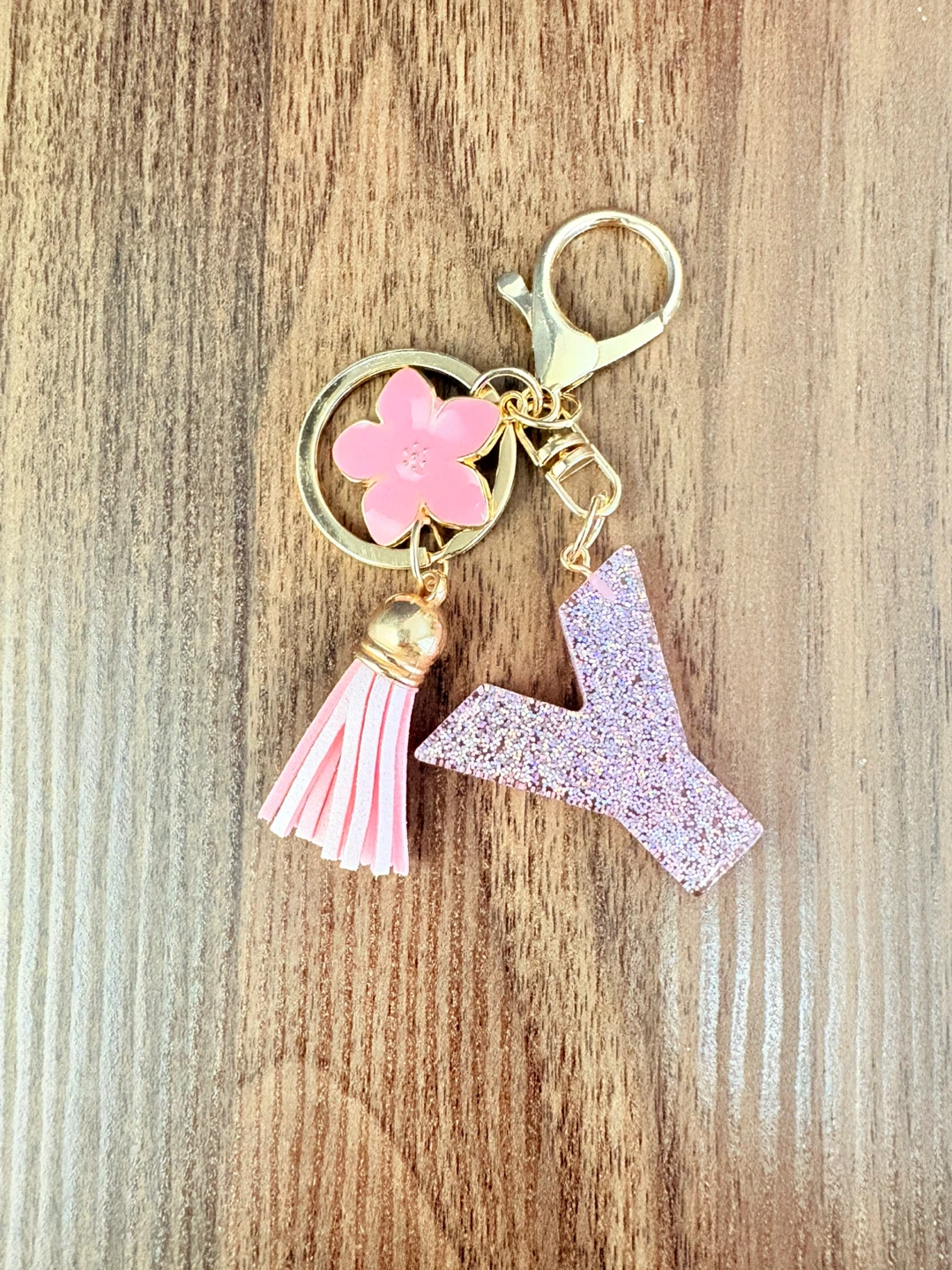 Pink Glitter Letter Y Keychain with Tassel and Flower Charm