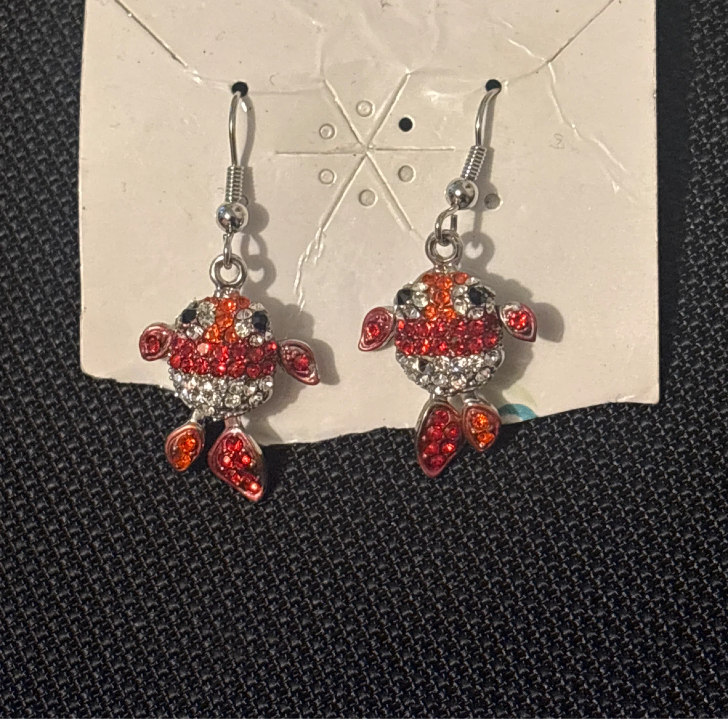Fish Dangle Earrings Rhinestone Red Orange White