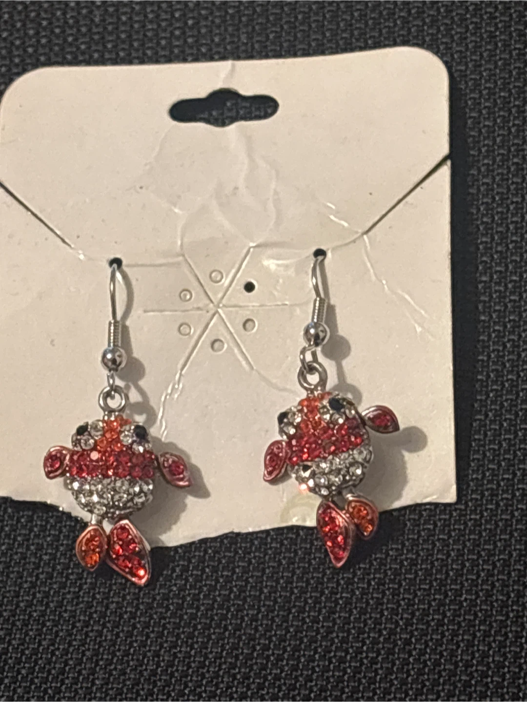 Fish Dangle Earrings Rhinestone Red Orange White - photo 2