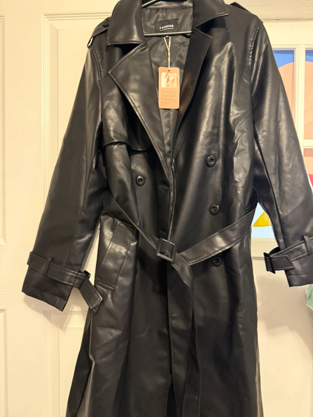 Black Faux Leather Trench Coat - photo 2