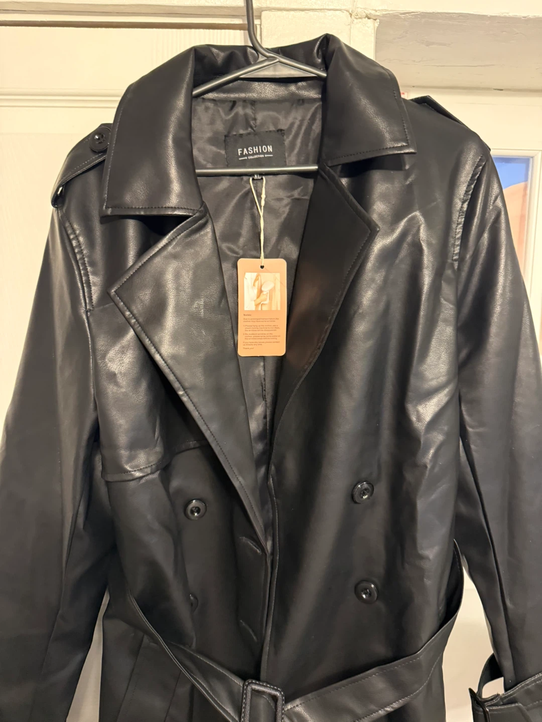 Black Faux Leather Trench Coat - photo 4