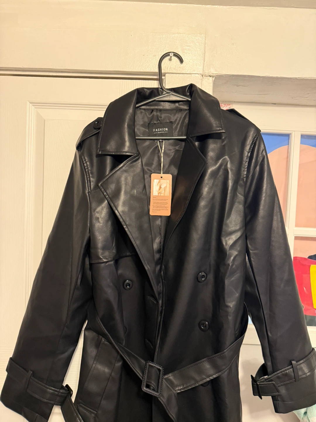 Black Faux Leather Trench Coat