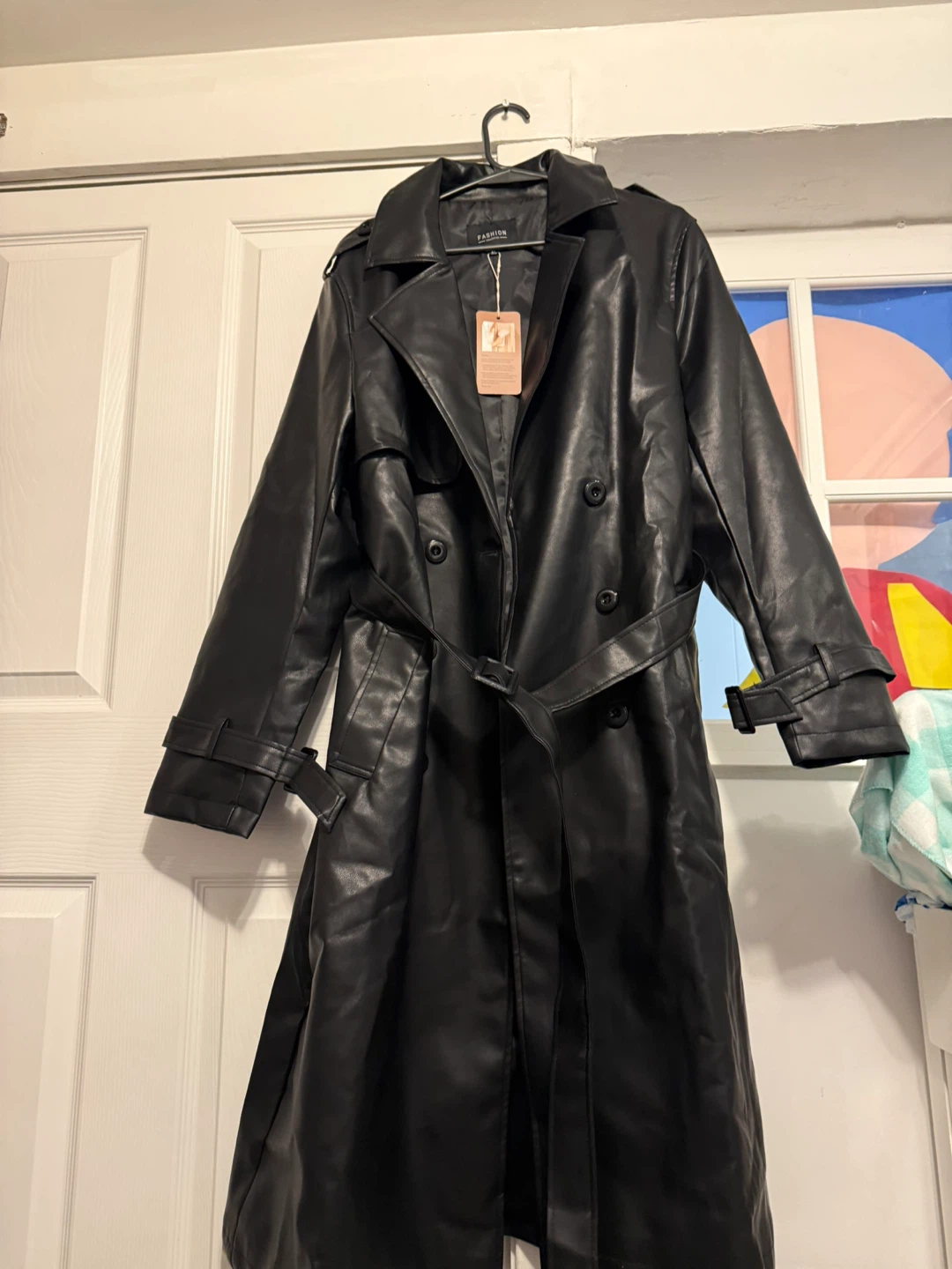 Black Faux Leather Trench Coat - photo 3