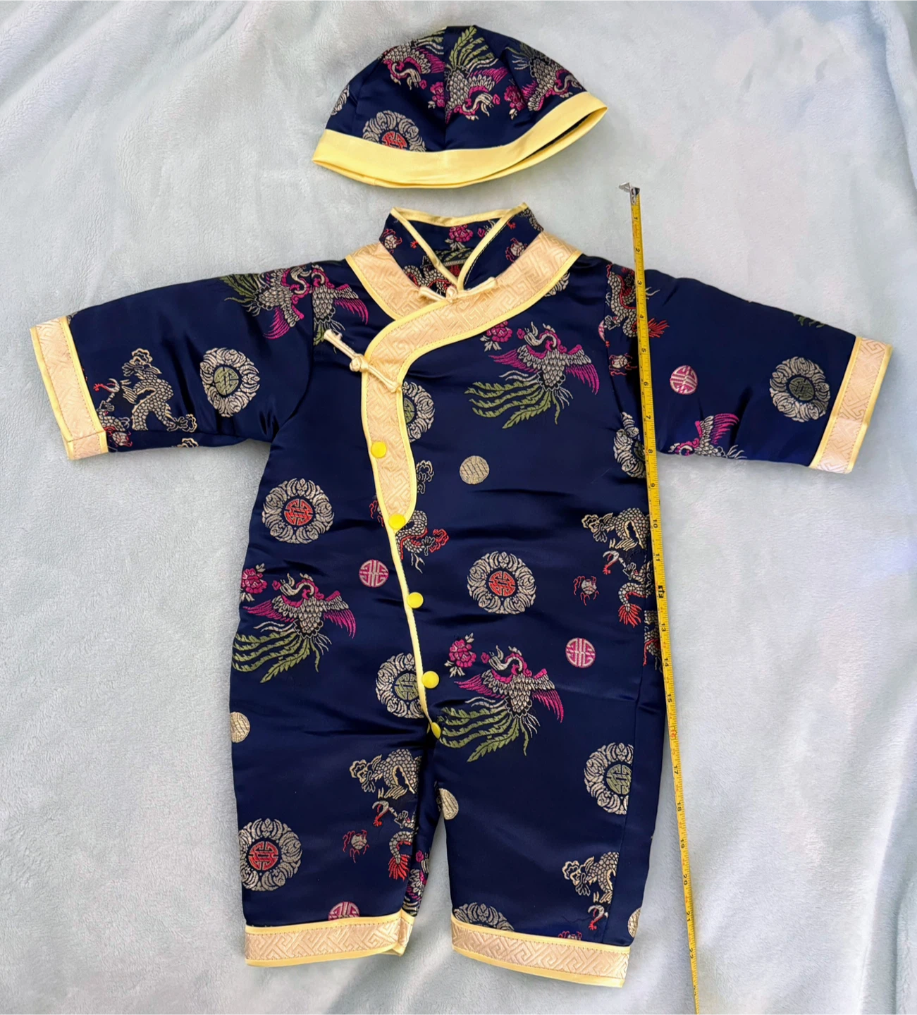 Baby Boy Girl Chinese Dragon Phoenix Print Silk Romper with Hat