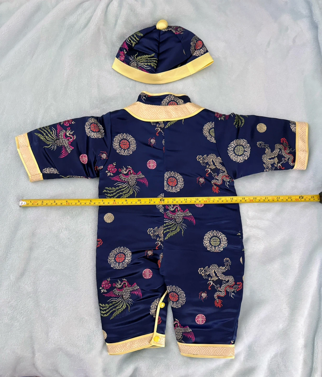 Baby Boy Girl Chinese Dragon Phoenix Print Silk Romper with Hat - photo 2