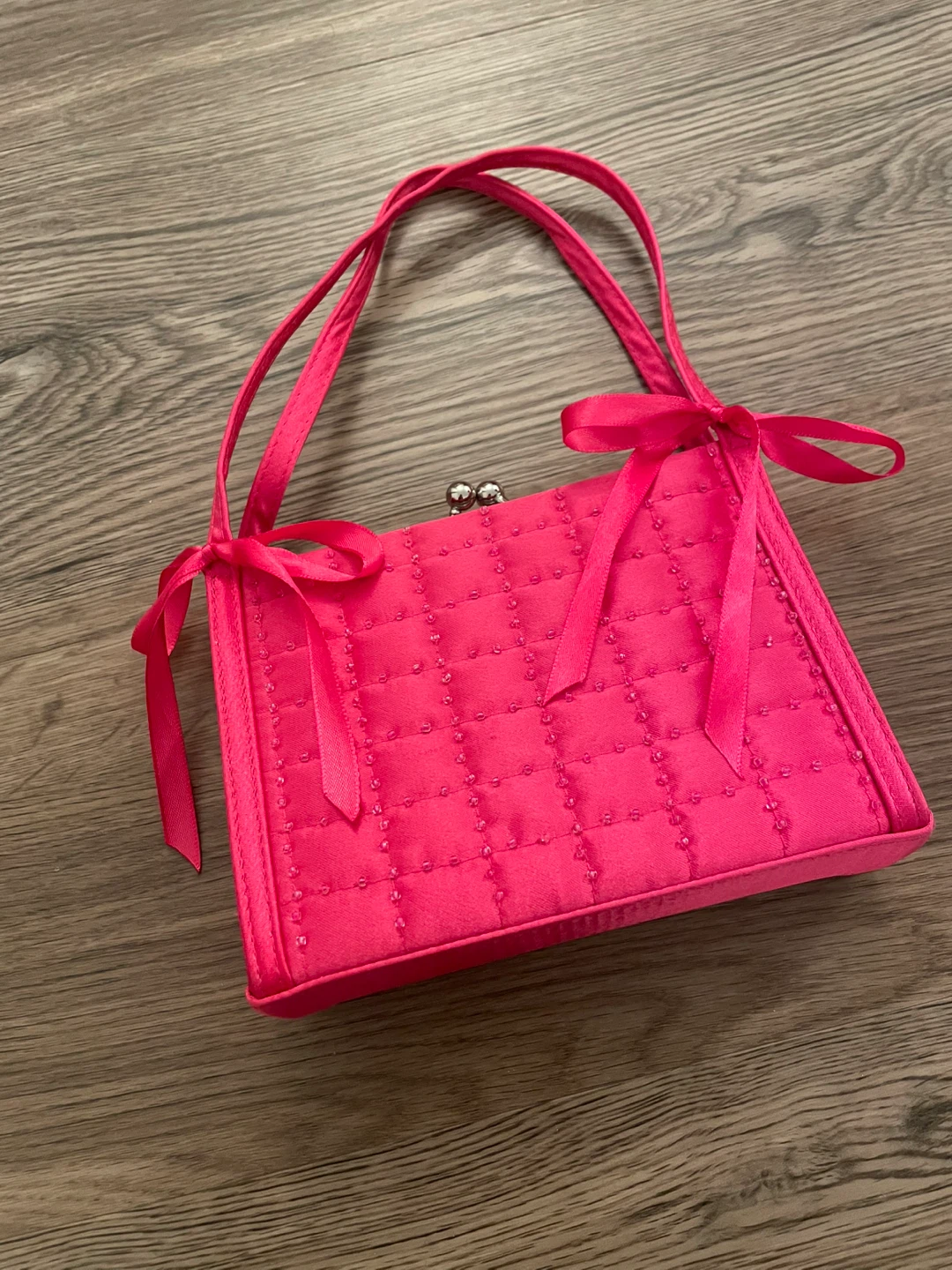 Vintage Hot Pink Beads Bag with Bows