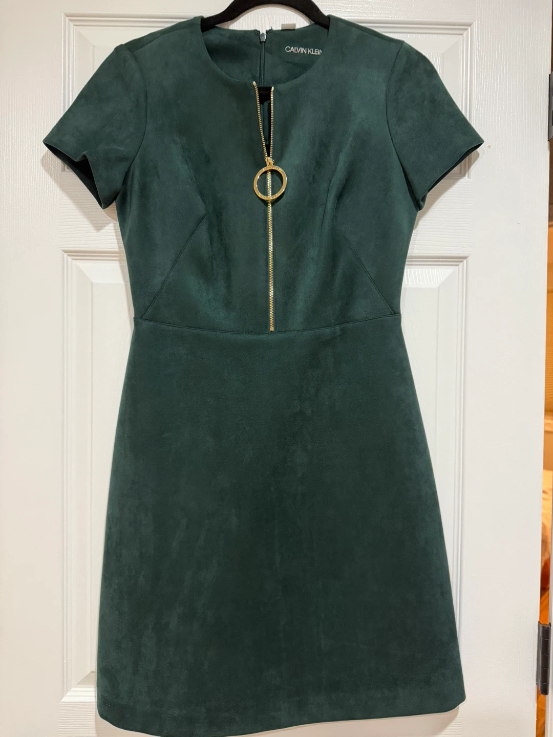 Calvin Klein Green Faux Suede Short Sleeve Zip Dress