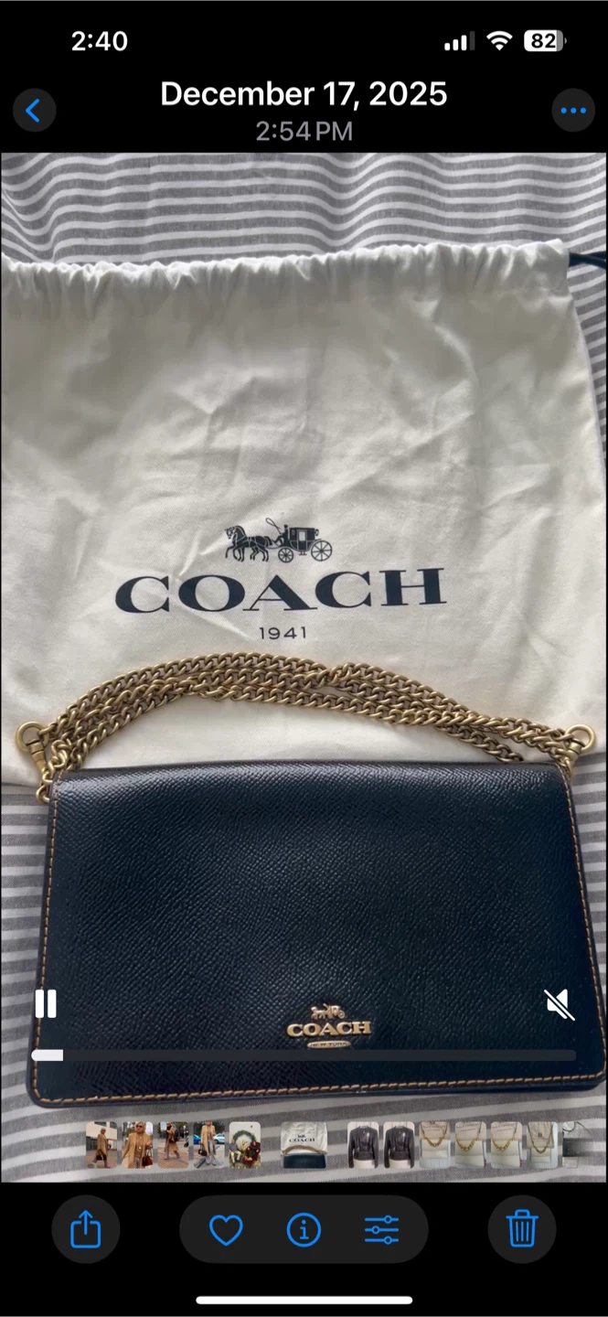 COACH Black Leather Crossbody Wallet Bag with Gold Chain