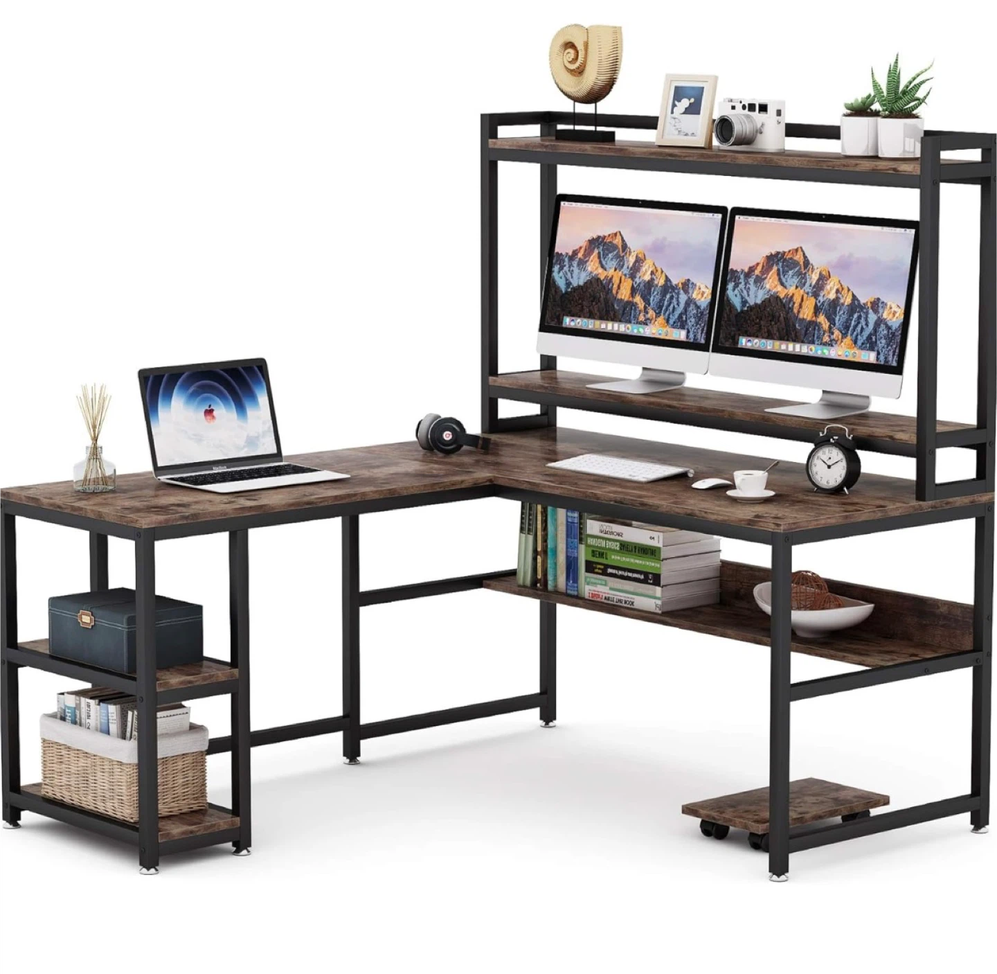 L-Shaped Computer Desk with Hutch and Shelves