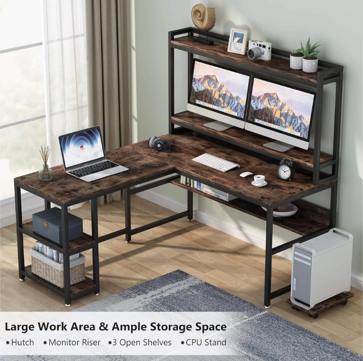 L-Shaped Computer Desk with Hutch and Shelves - photo 5