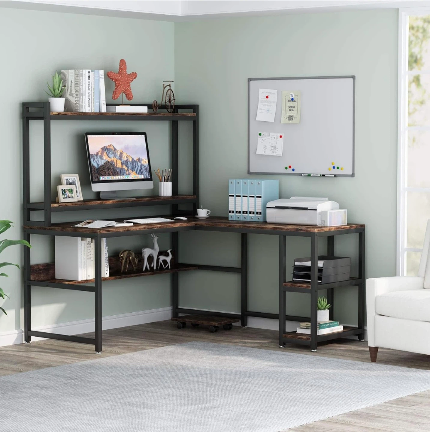 L-Shaped Computer Desk with Hutch and Shelves - photo 4