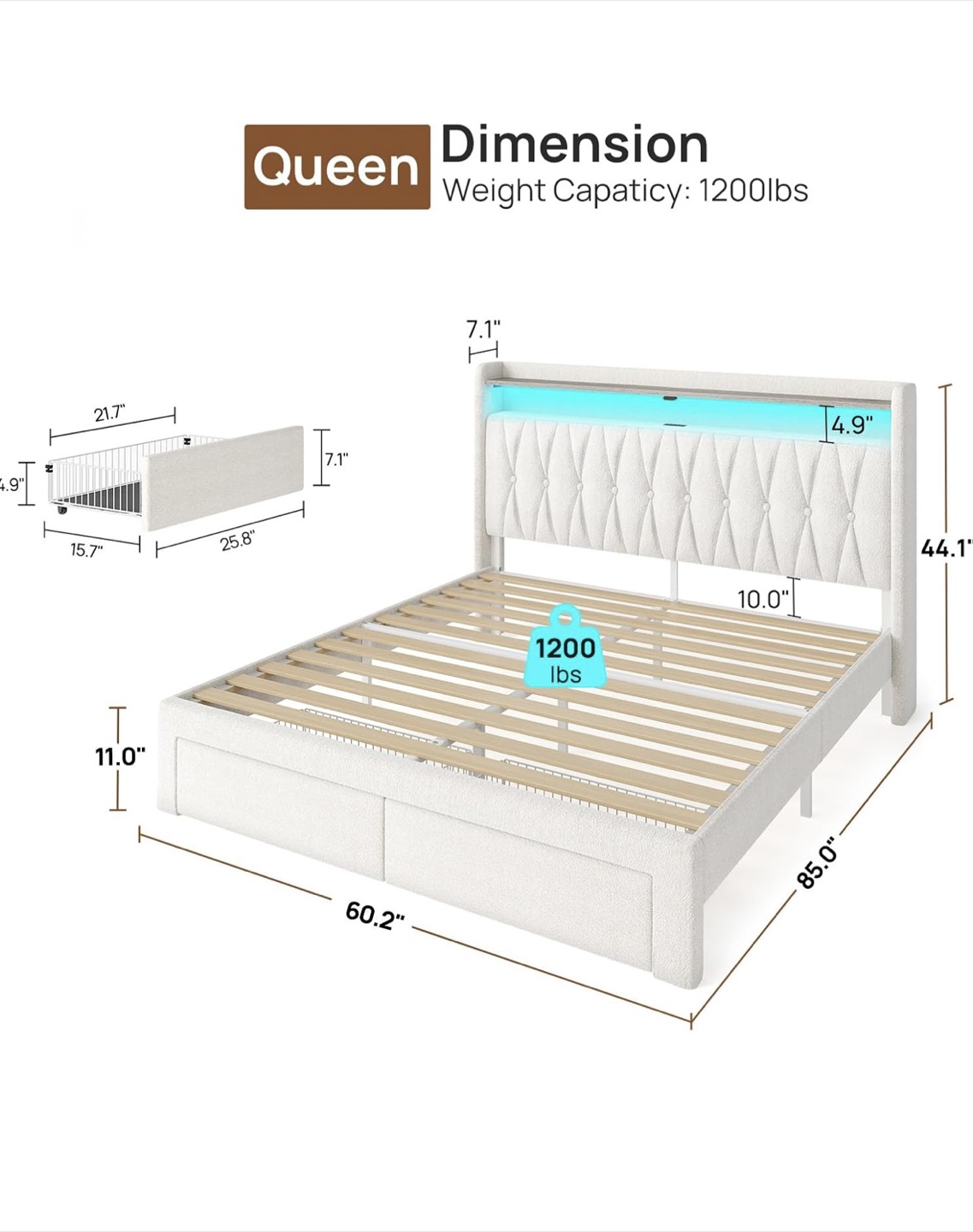 Queen Size Bed with RGB Lights and Storage Drawers - photo 2