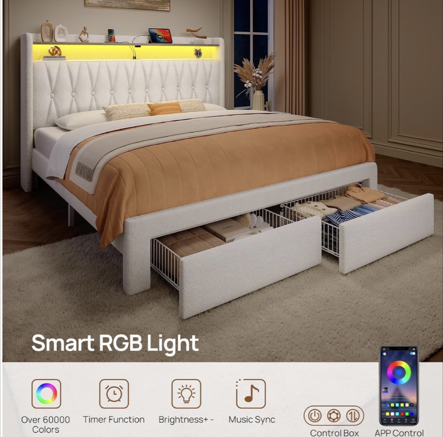 Queen Size Bed with RGB Lights and Storage Drawers - photo 3