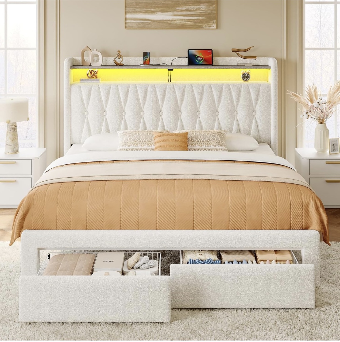 Queen Size Bed with RGB Lights and Storage Drawers