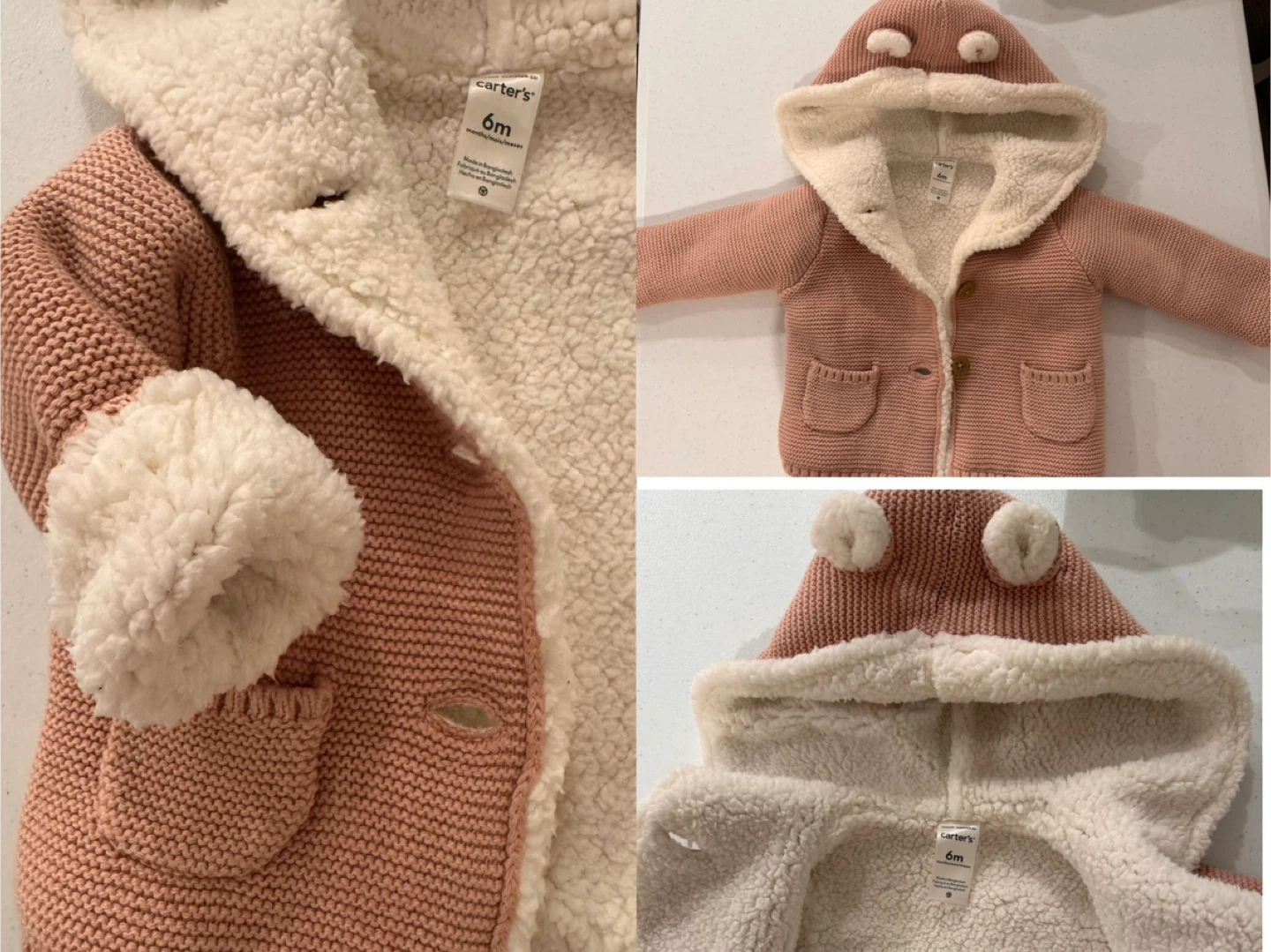 Carter's Baby Girl Pink Sherpa Lined Knit Hoodie 6M