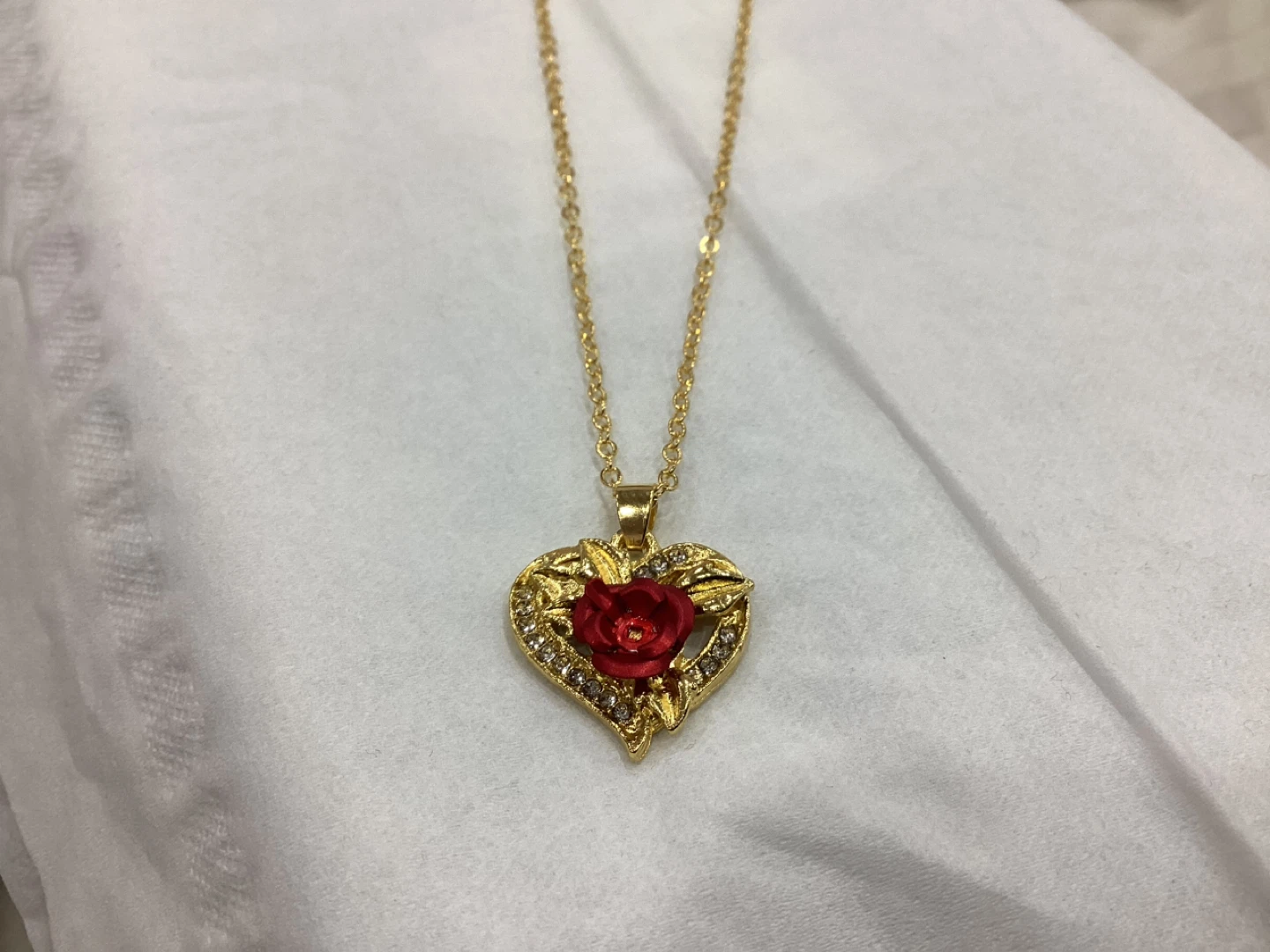 Gold Heart Necklace with Red Rose and Crystals