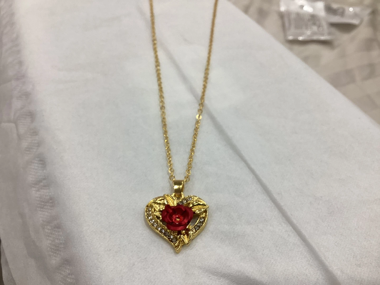 Gold Heart Necklace with Red Rose and Crystals - photo 2