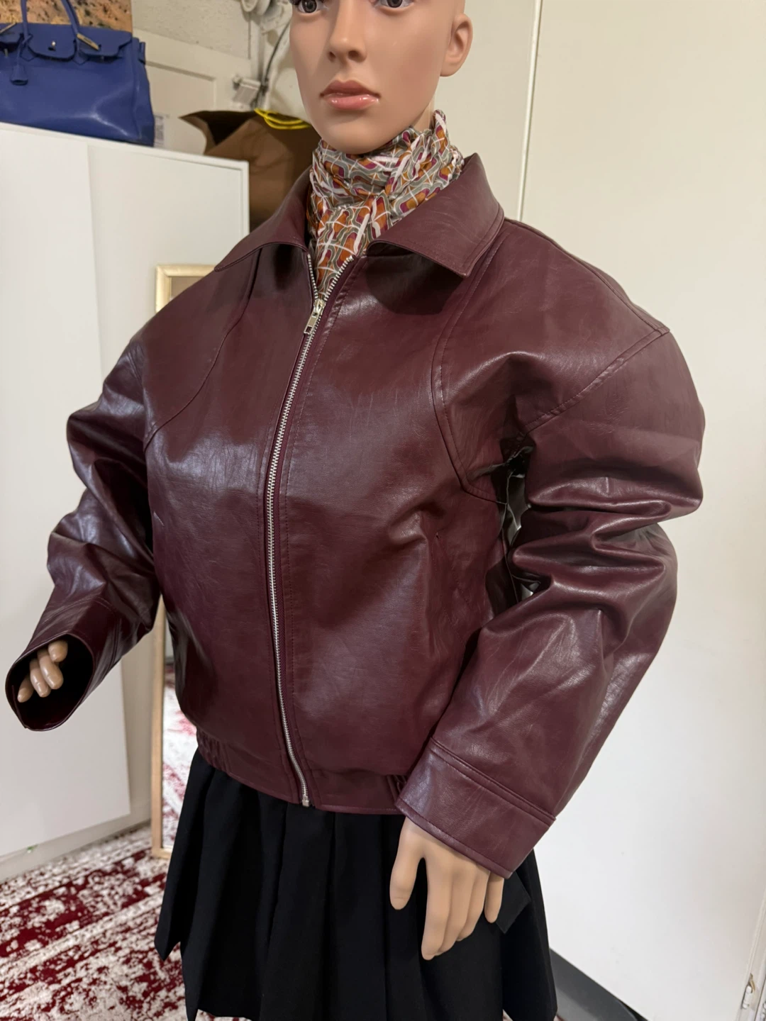 Maroon Faux Leather Bomber Jacket - photo 3