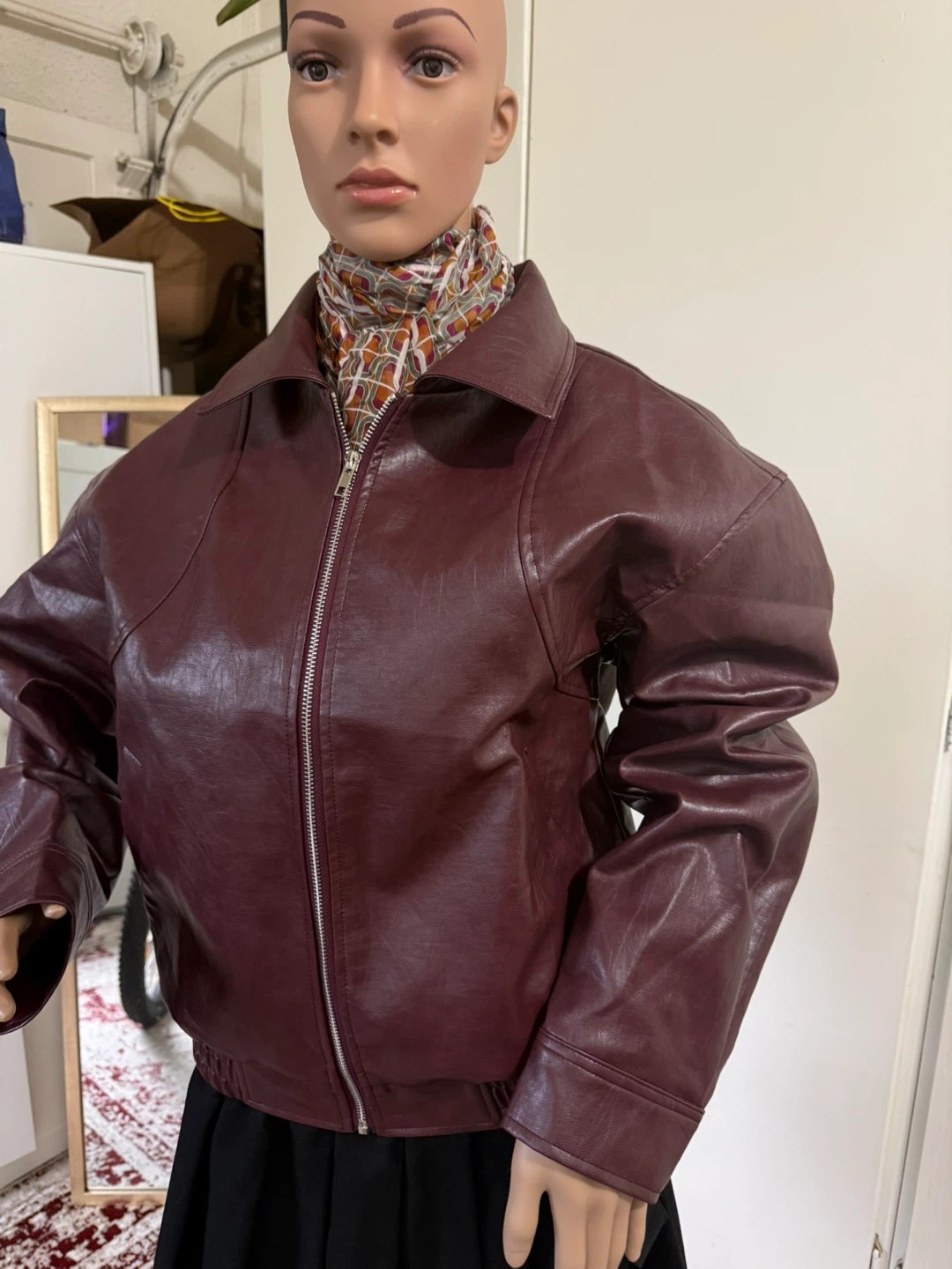 Maroon Faux Leather Bomber Jacket - photo 2