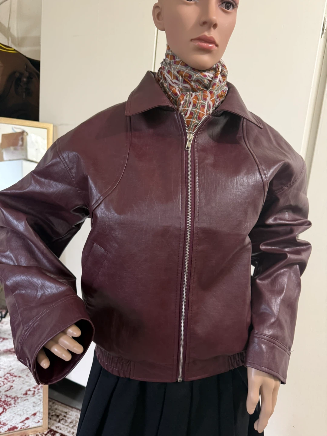 Maroon Faux Leather Bomber Jacket