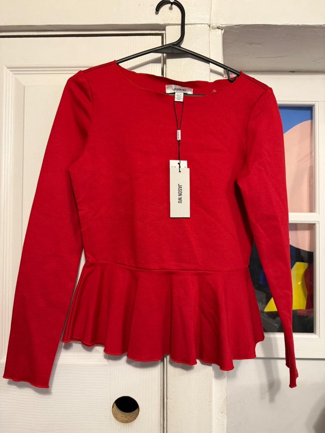 JASON WU Red Long Sleeve Peplum Top XS/TP