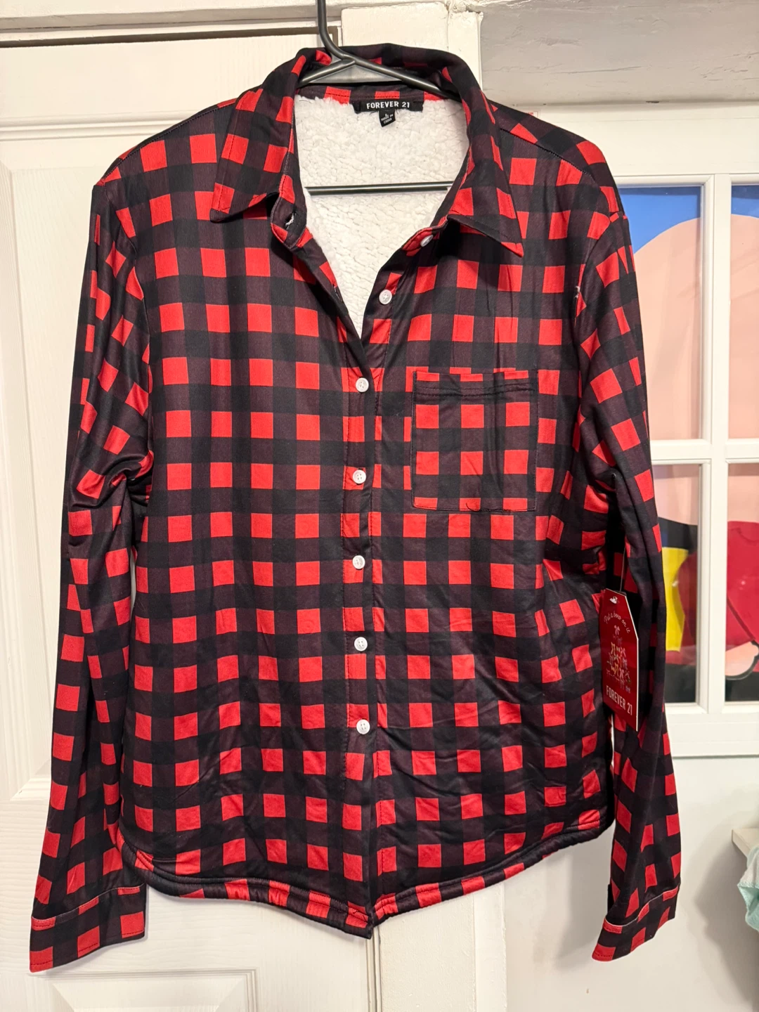 Forever 21 Red & Sherpa Lined Button Up Shirt