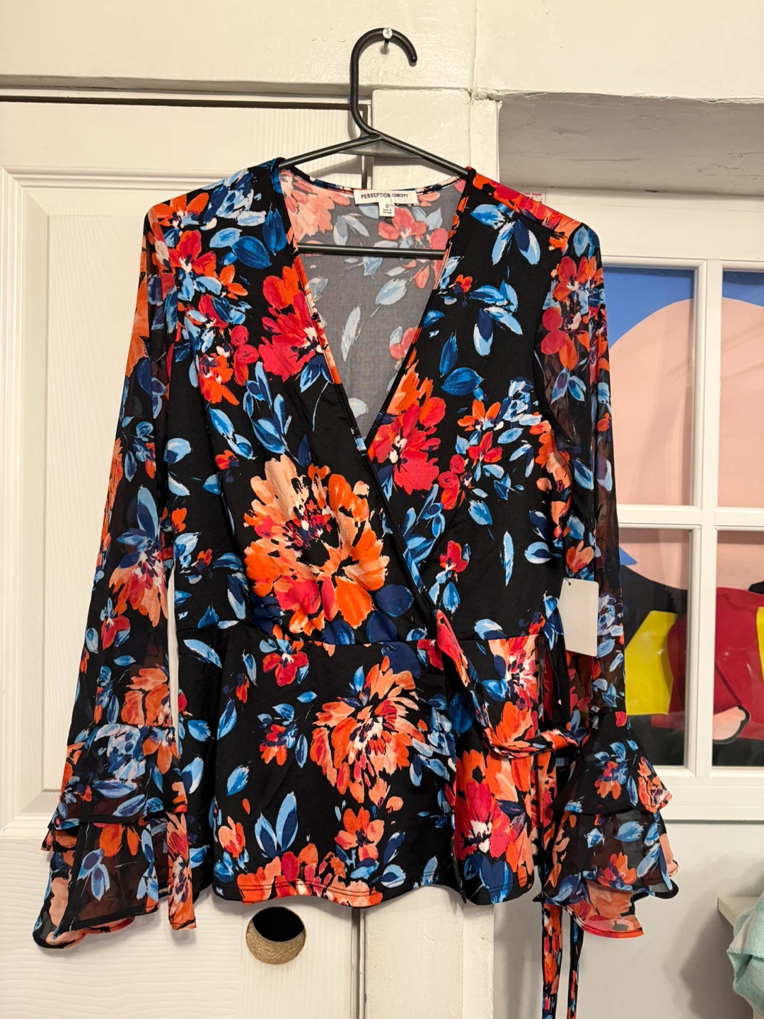 Perseption Concept Black Floral Print Wrap Top