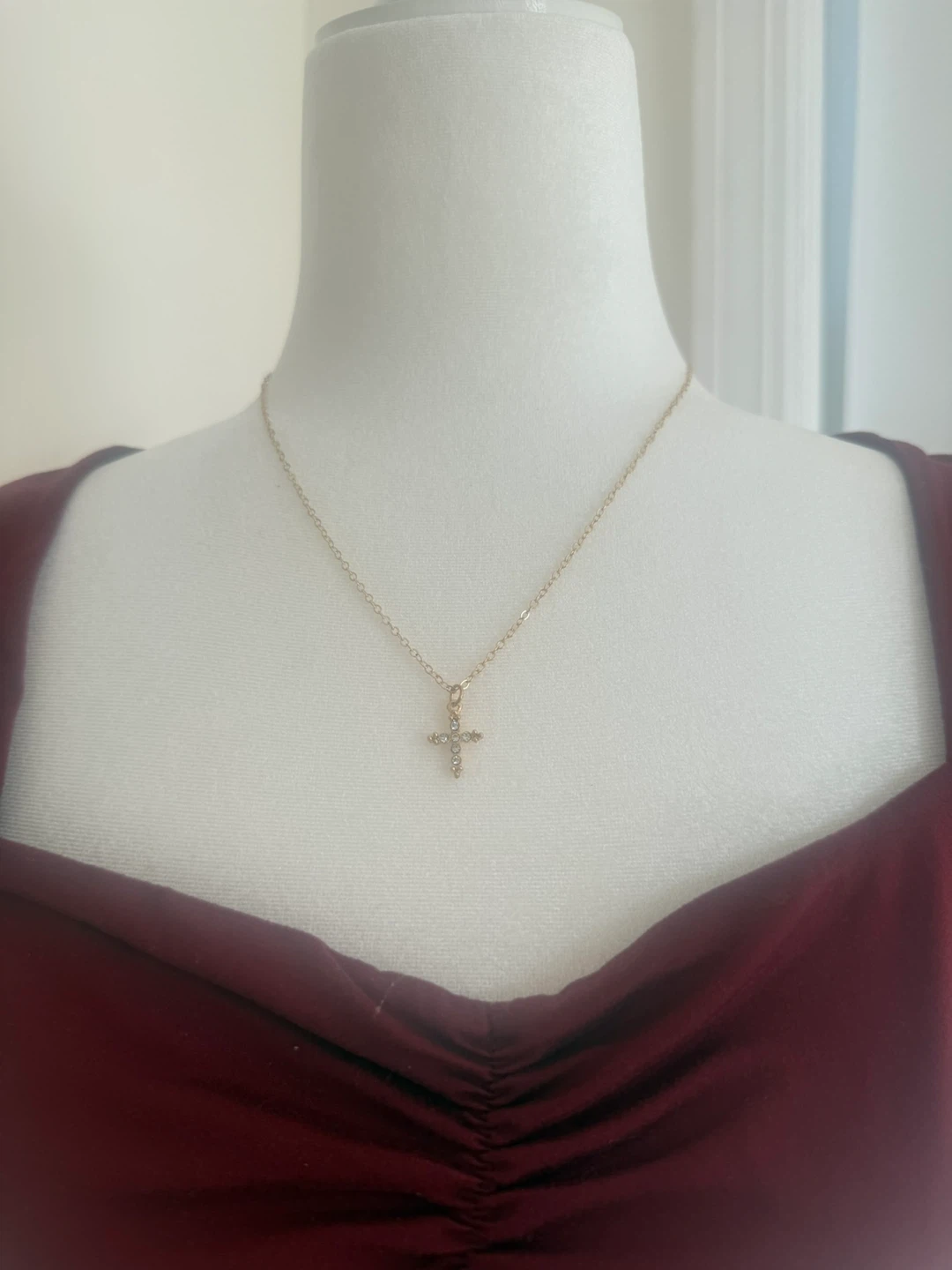 Gold Tone Cross Pendant Necklace with Rhinestones