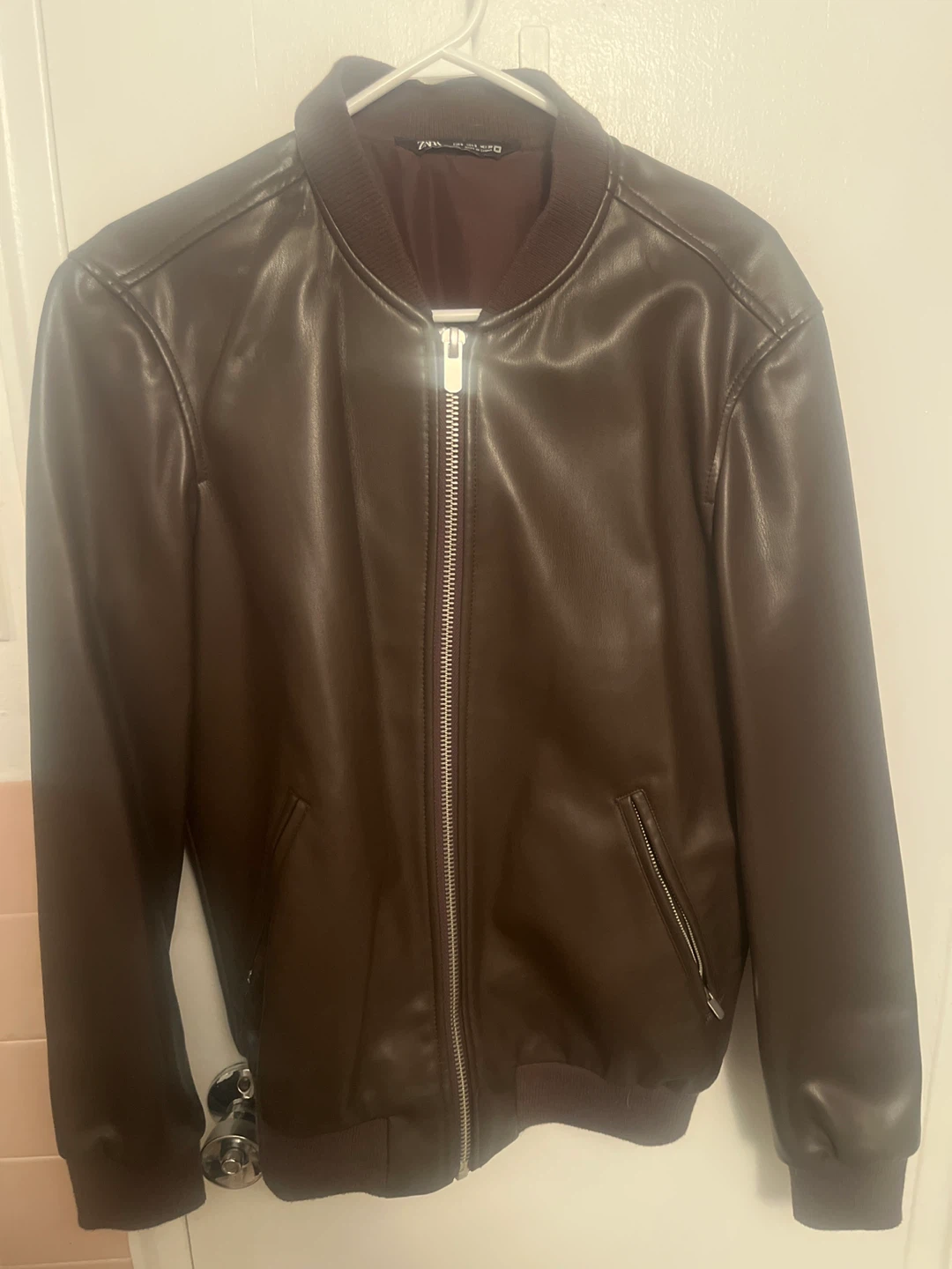 Zara unisex Brown Faux Leather Bomber Jacket