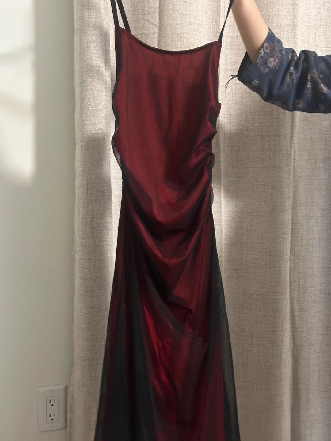 Red and Black Ruched Mesh Dress