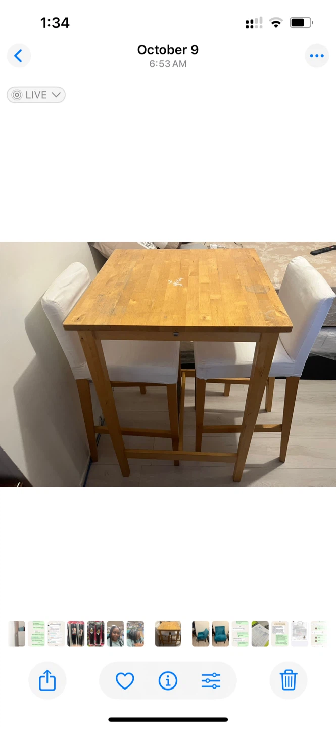 Wood Bar Table with 2 White Stools
