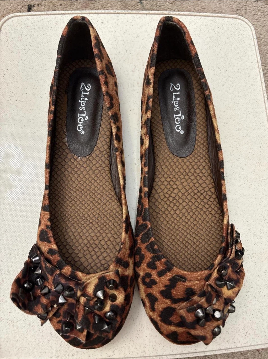 Women's Leopard Print Ballet Flats with Studded Bow - Size 7