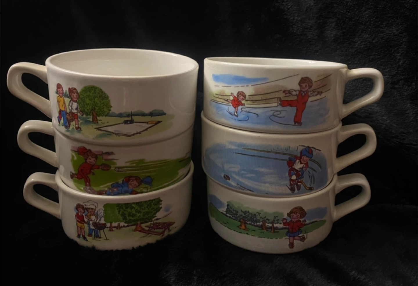 Set of 6 Ceramic Soup Bowls with Outdoor Scene Decorations