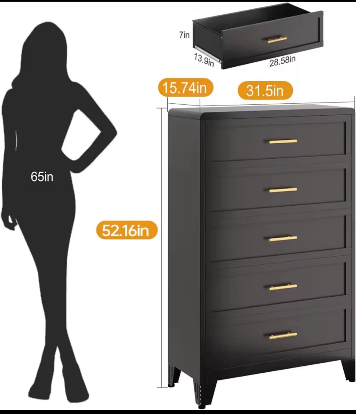 Black 5-Drawer Dresser with Gold Handles IN BOX - photo 2