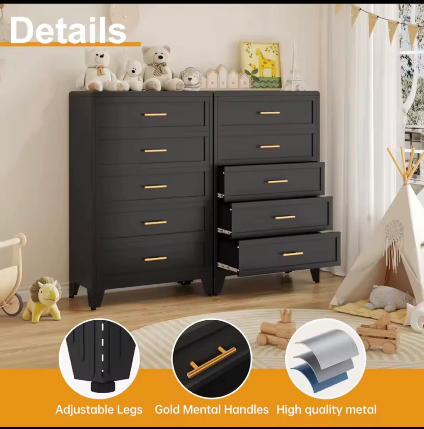 Black 5-Drawer Dresser with Gold Handles IN BOX - photo 3